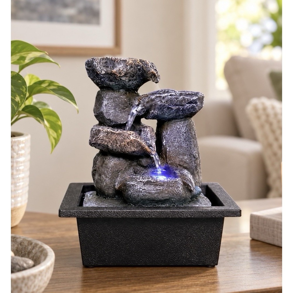 Indoor Stacked Rock Waterfall Tabletop Water Fountain LED Color Changing New